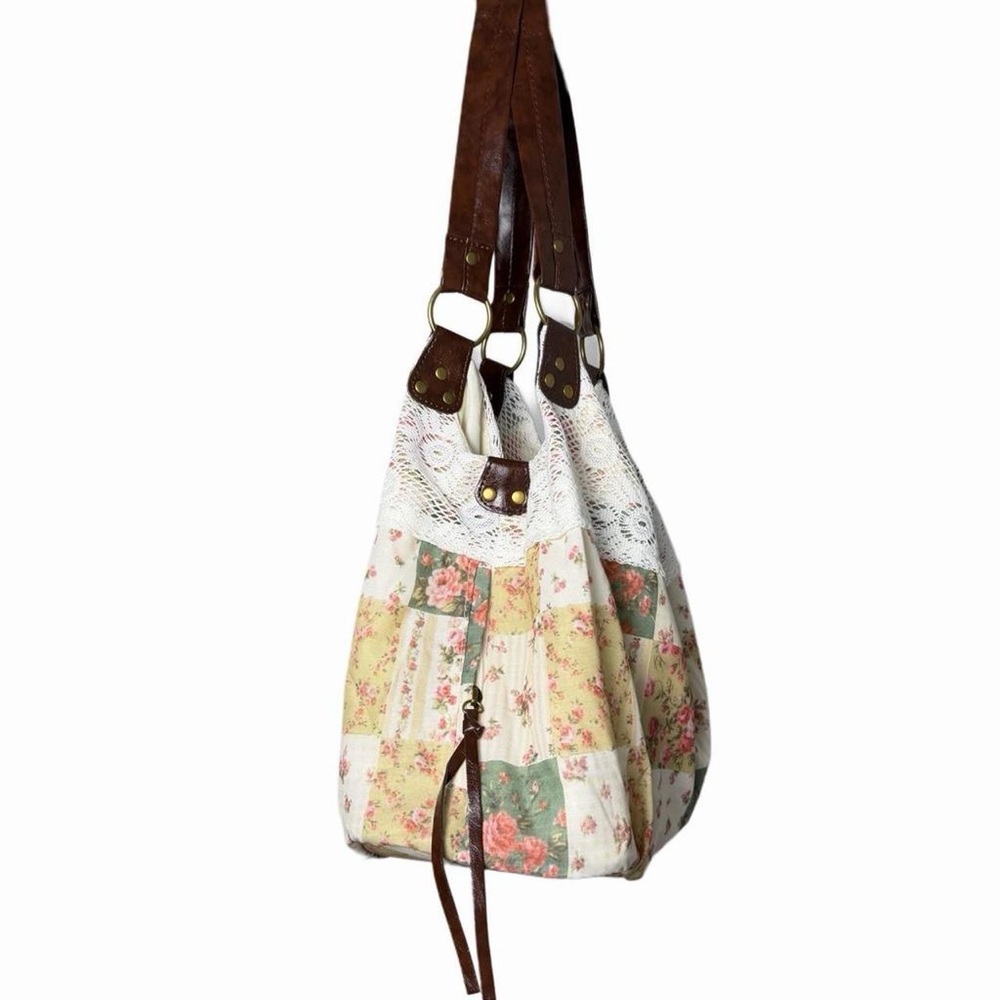 Boho Floral Patchwork Lace Cream Tote Bag Cottagecore Festival Indie Western Y2K - Picture 2 of 6